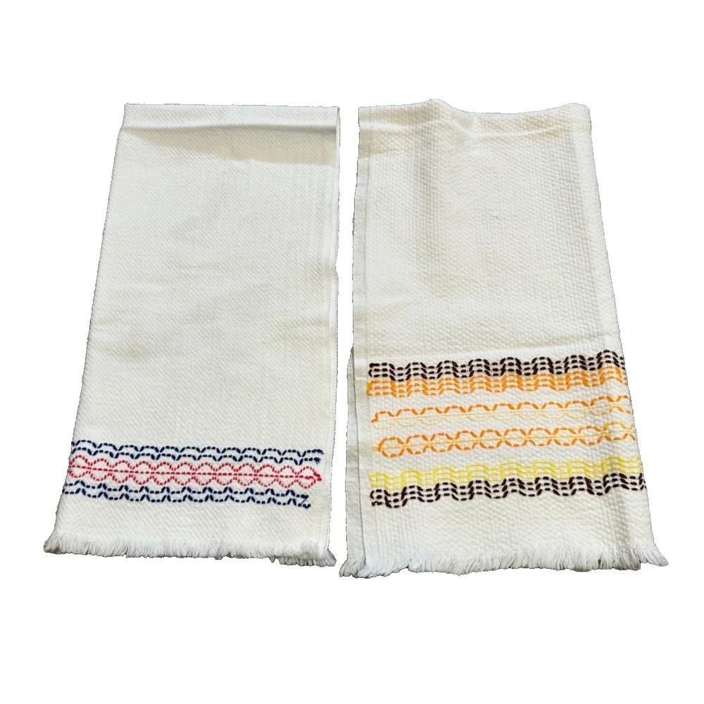 Vintage Lot 2 Swedish Weave Huck Embroidered White Cotton Hand Tea Towels Fringe